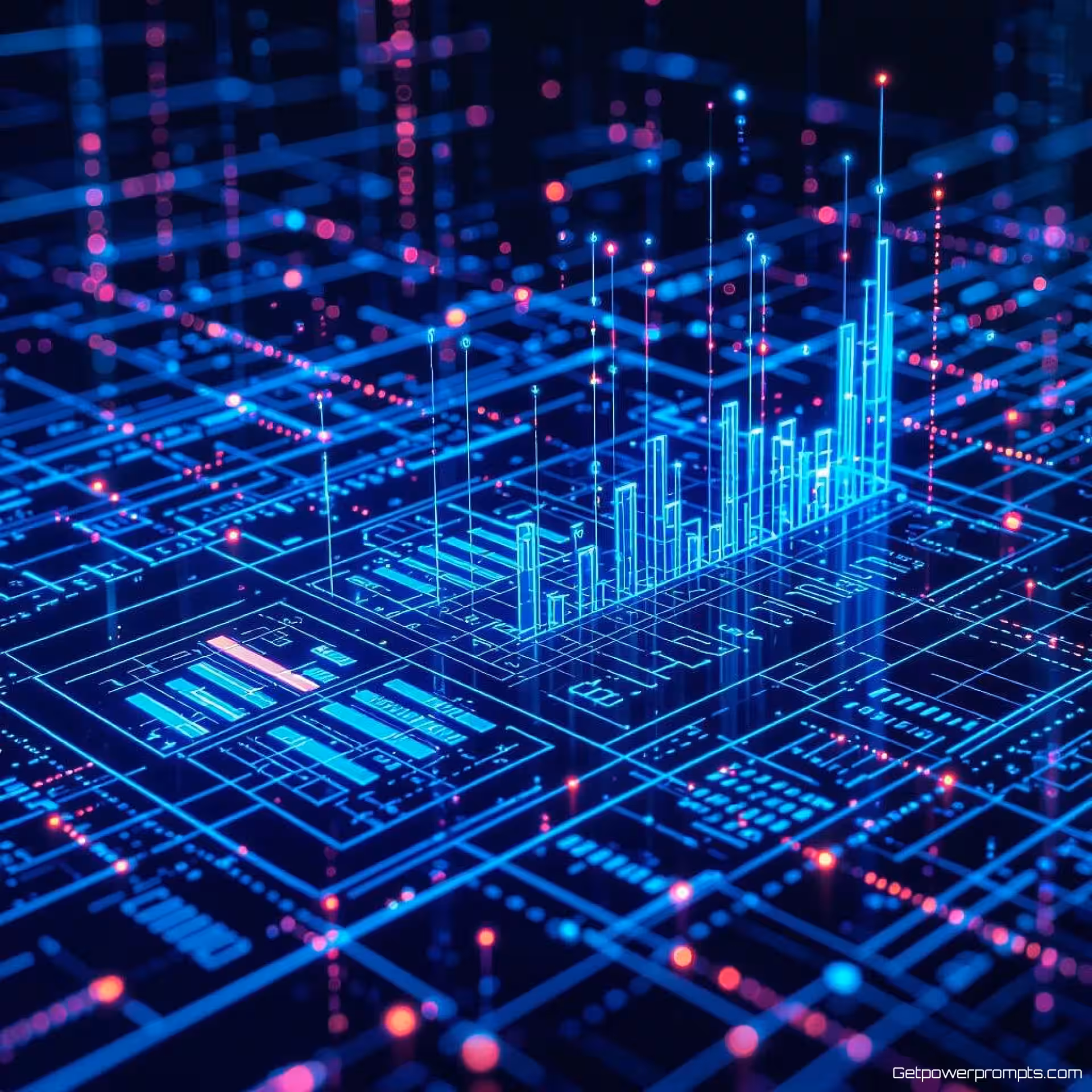 Investeringsportefeuille statistieken, holografische infographic visualisatie, cyberpunk esthetiek stijl, donkere leegte achtergrond achtergrond, cyber blauw palet kleurenschema, zwevende dataprojecties, transparante lagen, gloeiende datastromen, futuristische interface-elementen, moderne digitale presentatie, professionele datavisualisatie