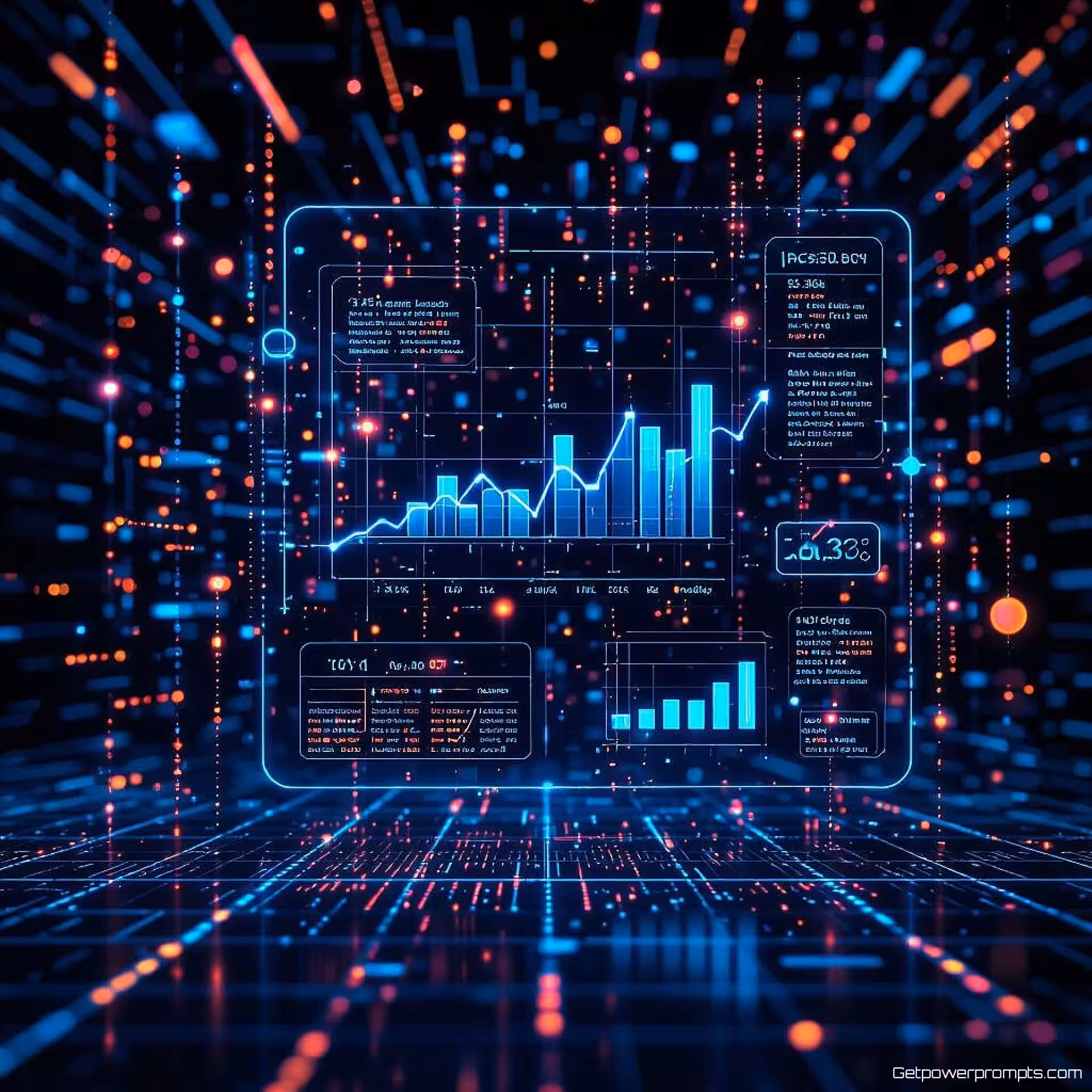 Websiteverkeersanalyses, holografische infographic visualisatie, cyberpunk esthetiek stijl, donkere leegte achtergrond achtergrond, cyber blauw palet kleurenschema, zwevende dataprojecties, transparante lagen, gloeiende datastromen, futuristische interface-elementen, moderne digitale presentatie, professionele datavisualisatie