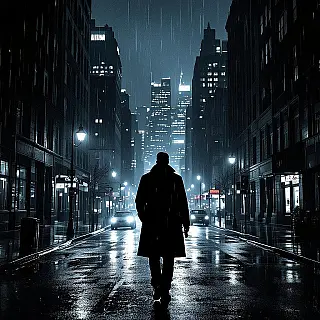 Middernacht Onderzoek, fotorealistisch mysterie thriller e-book omslag, donker stedelijk stadsgezicht achtergrond, dramatische noir verlichting verlichting, dreigende sfeer sfeer, noir esthetiek, dramatische schaduwen, stedelijke omgeving, regenachtige straten, detective elementen, subtiele aanwijzingen, professioneel boekomslag ontwerp, psychologische spanning