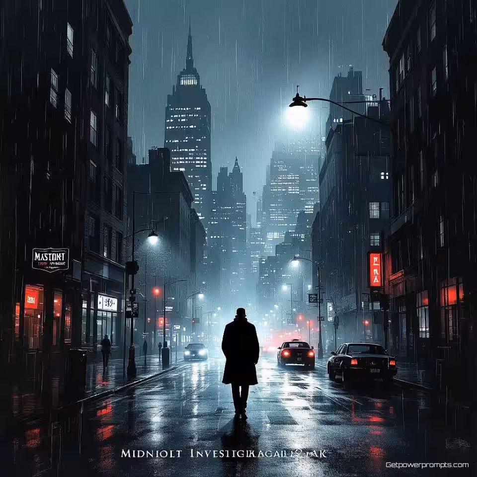 Middernacht Onderzoek, digitale schildering mysterie thriller e-book omslag, donker stedelijk stadsgezicht achtergrond, dramatische noir verlichting verlichting, dreigende sfeer sfeer, noir esthetiek, dramatische schaduwen, stedelijke omgeving, regenachtige straten, detective elementen, subtiele aanwijzingen, professioneel boekomslag ontwerp, psychologische spanning