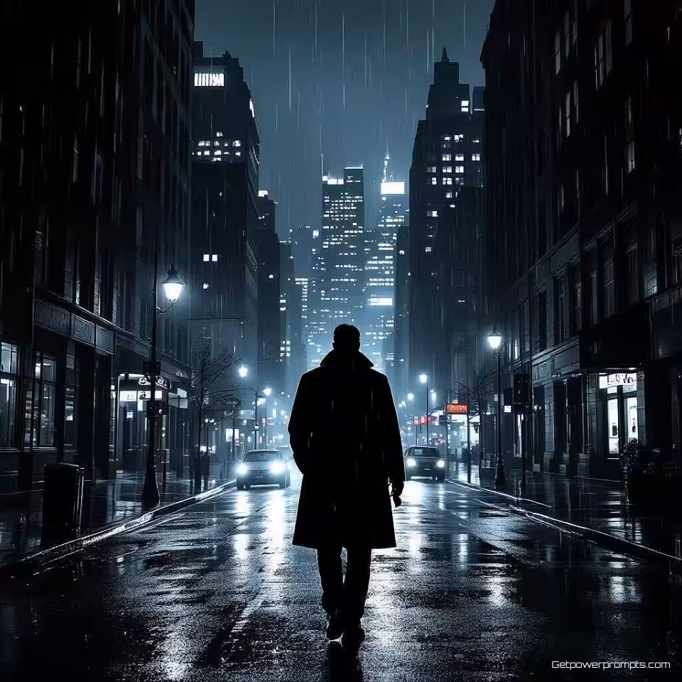 Middernacht Onderzoek, fotorealistisch mysterie thriller e-book omslag, donker stedelijk stadsgezicht achtergrond, dramatische noir verlichting verlichting, dreigende sfeer sfeer, noir esthetiek, dramatische schaduwen, stedelijke omgeving, regenachtige straten, detective elementen, subtiele aanwijzingen, professioneel boekomslag ontwerp, psychologische spanning