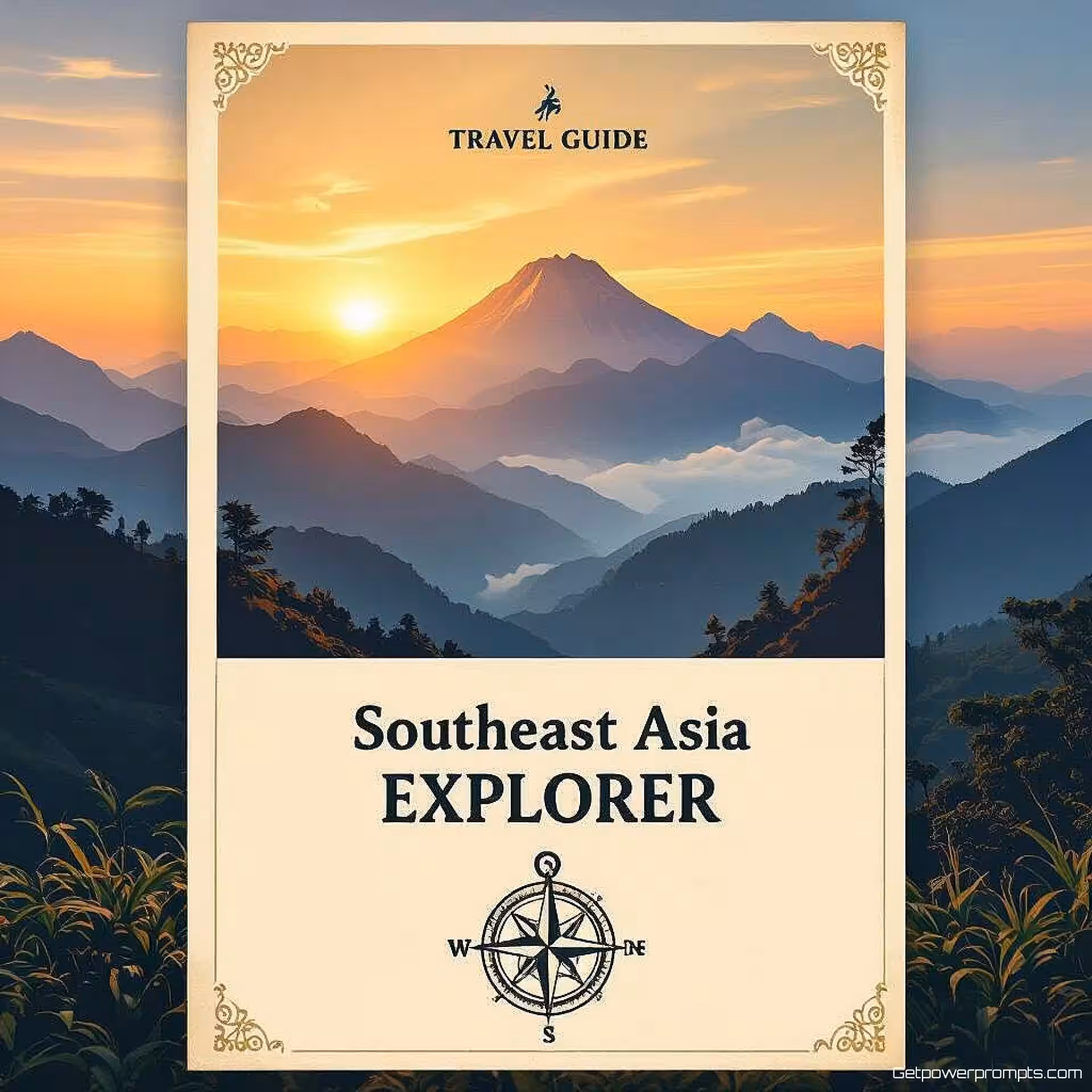 Zuidoost-Azië Verkenner, illustratie reisgids e-book omslag, berglandschap achtergrond, gouden uur verlichting, avontuurlijk sfeer, avontuurlijke esthetiek, kaartelementen, kompasdetails, reisfotografie stijl, professionele uitgeefontwerp, wanderlust thema, culturele elementen, exploratie vibe