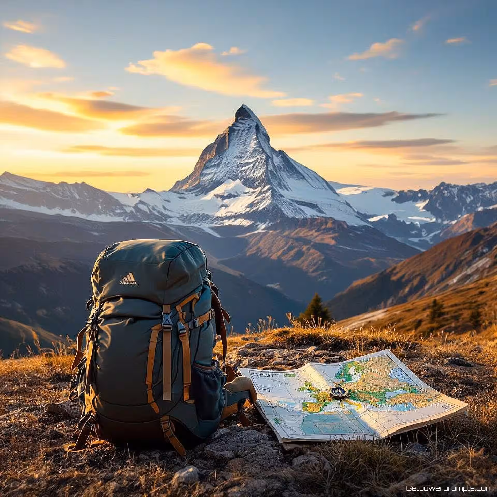 Europese Rugzakavonturen, fotorealistisch reisgids e-book omslag, berglandschap achtergrond, gouden uur verlichting, avontuurlijk sfeer, avontuurlijke esthetiek, kaartelementen, kompasdetails, reisfotografie stijl, professionele uitgeefontwerp, wanderlust thema, culturele elementen, exploratie vibe