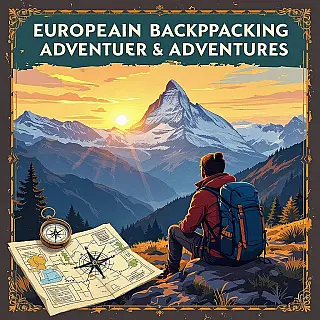 Europese Rugzakavonturen, illustratie reisgids e-book omslag, berglandschap achtergrond, gouden uur verlichting, avontuurlijk sfeer, avontuurlijke esthetiek, kaartelementen, kompasdetails, reisfotografie stijl, professionele uitgeefontwerp, wanderlust thema, culturele elementen, exploratie vibe