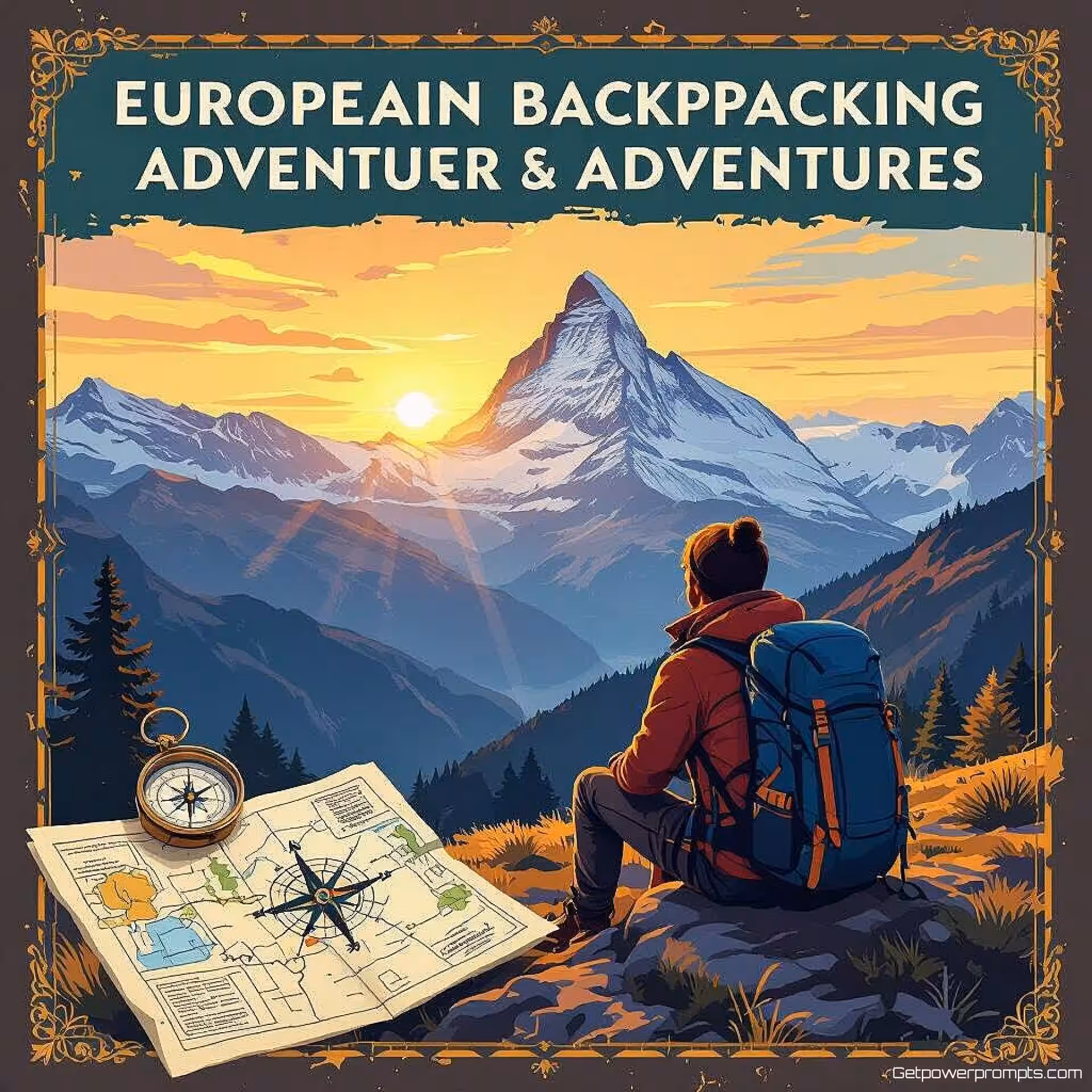 Europese Rugzakavonturen, illustratie reisgids e-book omslag, berglandschap achtergrond, gouden uur verlichting, avontuurlijk sfeer, avontuurlijke esthetiek, kaartelementen, kompasdetails, reisfotografie stijl, professionele uitgeefontwerp, wanderlust thema, culturele elementen, exploratie vibe