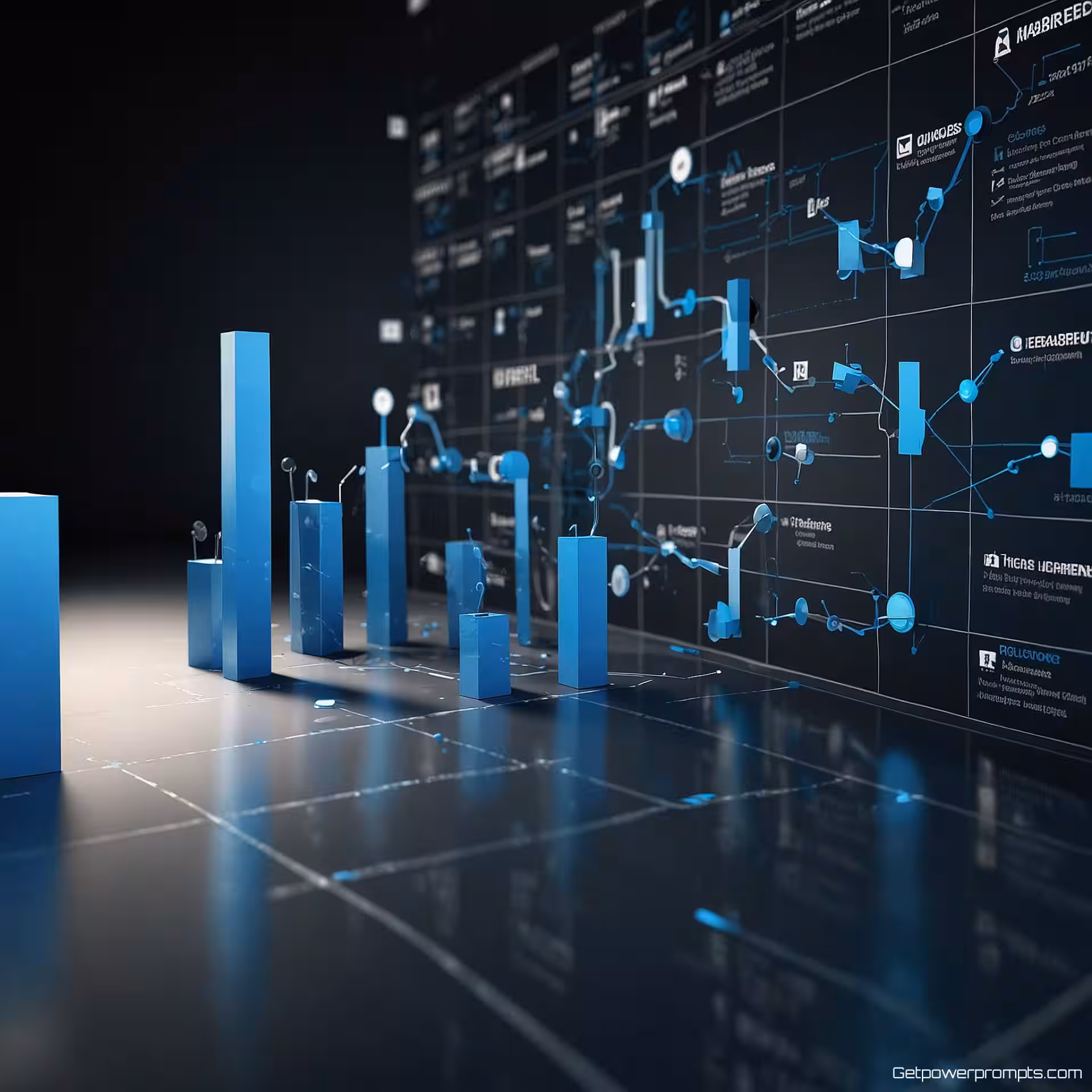 Bedrijfsprocesstroomdiagram, infographic, professioneel sfeer, schuine weergave perspectief, blauw en wit, professionele datavisualisatie, schone infographic-stijl, redactionele lay-out, zacht belichting, scherpe details