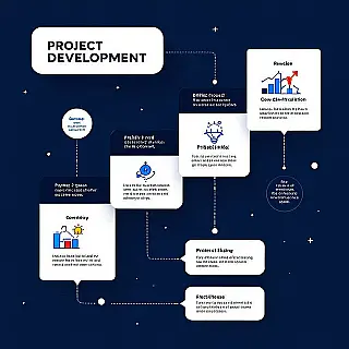 Projectontwikkelingsfasen, vlak ontwerp, professioneel sfeer, proces tijdlijn visualisatie, redactionele lay-out, schone witte achtergrond, blauw en grijs, sequentiële progressie ontwerp, professioneel whitepaper diagram, schone verbindende elementen, zacht diffuus verlichting, informatiestroom visualisatie, moderne redactionele esthetiek