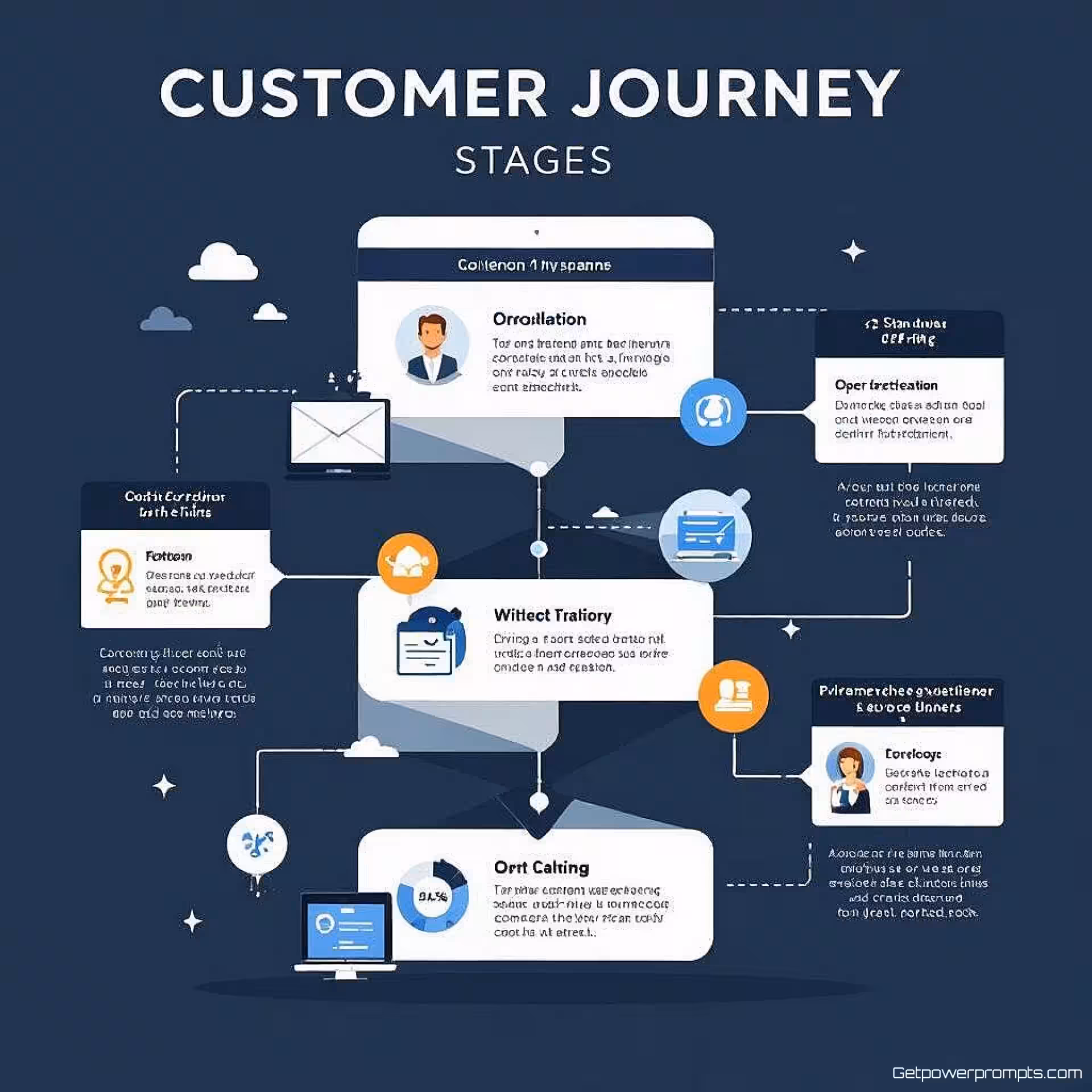 Klantreis fasen, vlak ontwerp, professioneel sfeer, proces tijdlijn visualisatie, redactionele lay-out, schone witte achtergrond, blauw en grijs, sequentiële progressie ontwerp, professioneel whitepaper diagram, schone verbindende elementen, zacht diffuus verlichting, informatiestroom visualisatie, moderne redactionele esthetiek