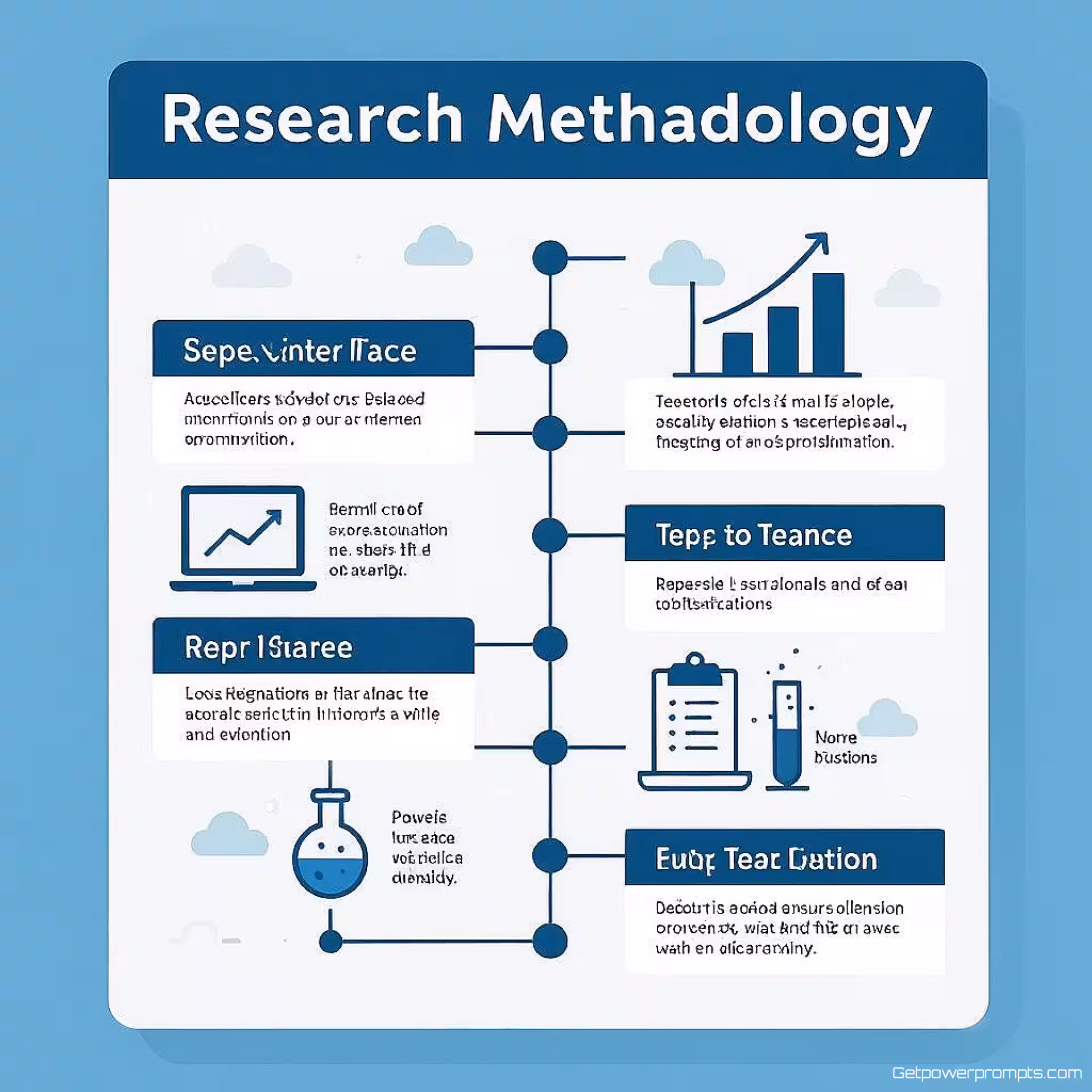 Onderzoeksmethodologie stappen, vlak ontwerp, professioneel sfeer, proces tijdlijn visualisatie, redactionele lay-out, schone witte achtergrond, blauw en grijs, sequentiële progressie ontwerp, professioneel whitepaper diagram, schone verbindende elementen, zacht diffuus verlichting, informatiestroom visualisatie, moderne redactionele esthetiek
