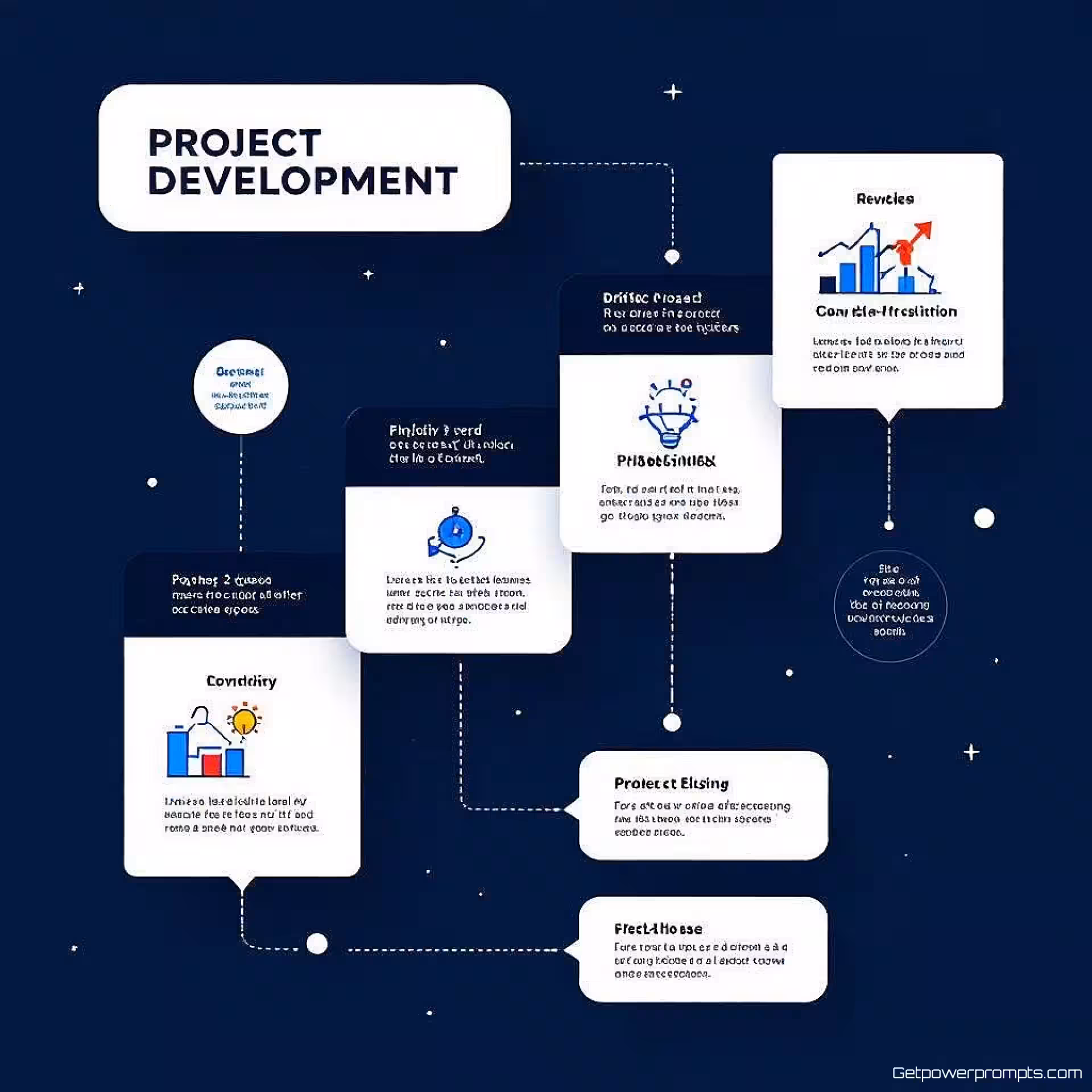 Projectontwikkelingsfasen, vlak ontwerp, professioneel sfeer, proces tijdlijn visualisatie, redactionele lay-out, schone witte achtergrond, blauw en grijs, sequentiële progressie ontwerp, professioneel whitepaper diagram, schone verbindende elementen, zacht diffuus verlichting, informatiestroom visualisatie, moderne redactionele esthetiek