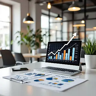 Omzetgroei grafiek, infographic, professioneel sfeer, visualisatie van bedrijfsimpact, minimalistisch achtergrond, natuurlijk licht verlichting, ROI-metingen weergave, strategische waarde demonstratie, professionele business case, redactionele impactbeoordeling, visuele prestatie-indicatoren