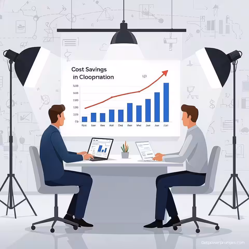 Kostenbesparingsvisualisatie, infographic, professioneel sfeer, visualisatie van bedrijfsimpact, minimalistisch achtergrond, natuurlijk licht verlichting, ROI-metingen weergave, strategische waarde demonstratie, professionele business case, redactionele impactbeoordeling, visuele prestatie-indicatoren