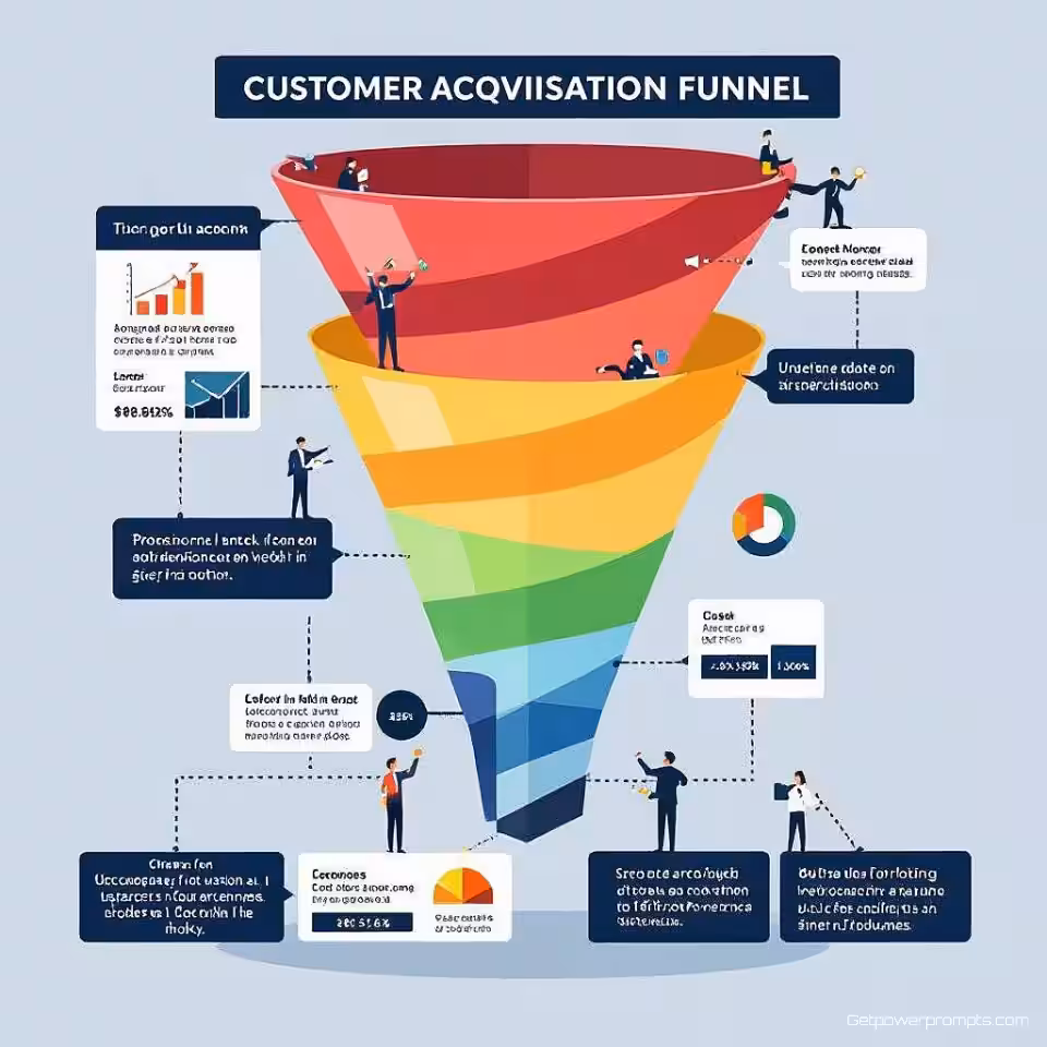 Klantwervingsfunnel, infographic, professioneel sfeer, visualisatie van bedrijfsimpact, minimalistisch achtergrond, natuurlijk licht verlichting, ROI-metingen weergave, strategische waarde demonstratie, professionele business case, redactionele impactbeoordeling, visuele prestatie-indicatoren
