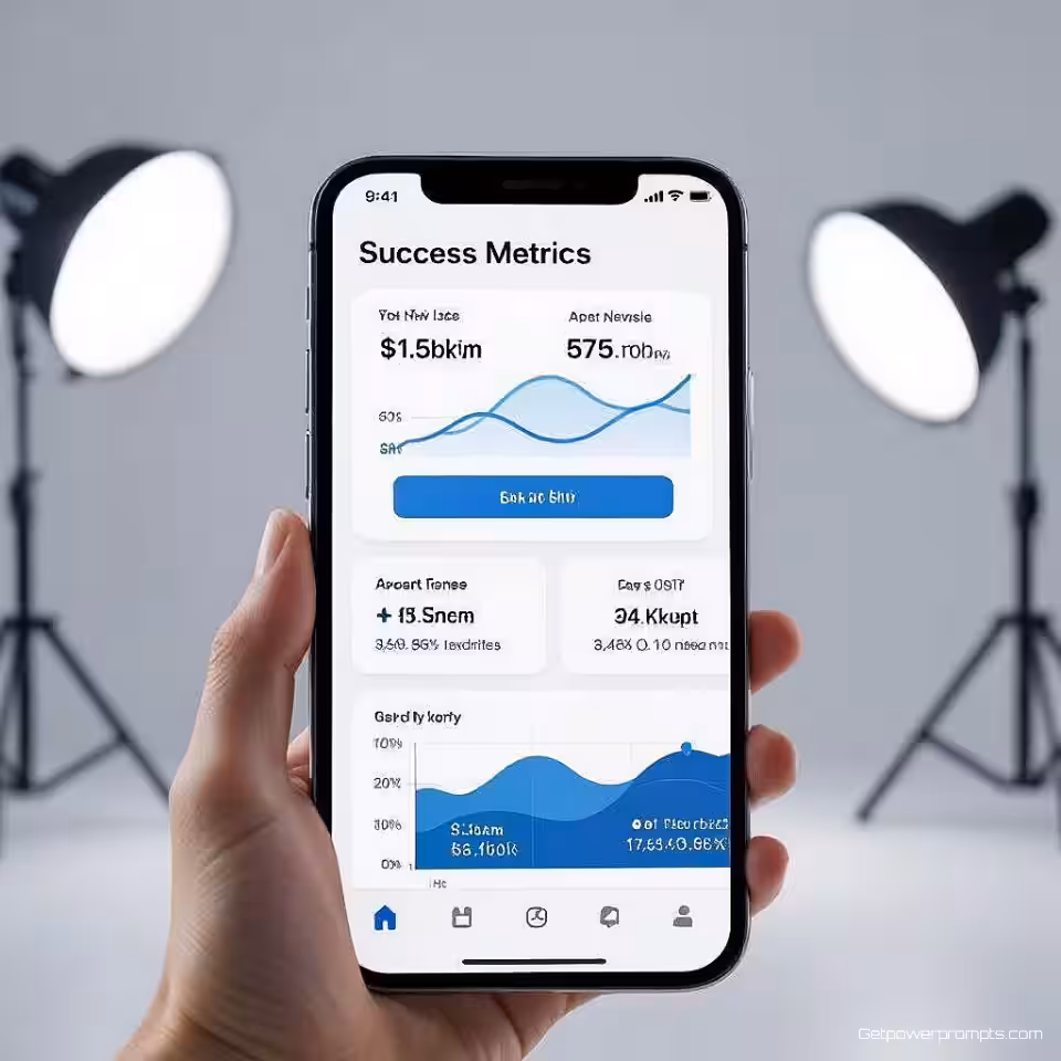 Mobiele app gebruik analytics, fotorealistisch, professioneel sfeer, succesmetrieken dashboard visualisatie, effen kleur achtergrond, zacht daglicht verlichting, belangrijke prestatie-indicatoren weergave, data-gedreven resultaten presentatie, professionele analyse-interface, redactionele succesverhaal lay-out