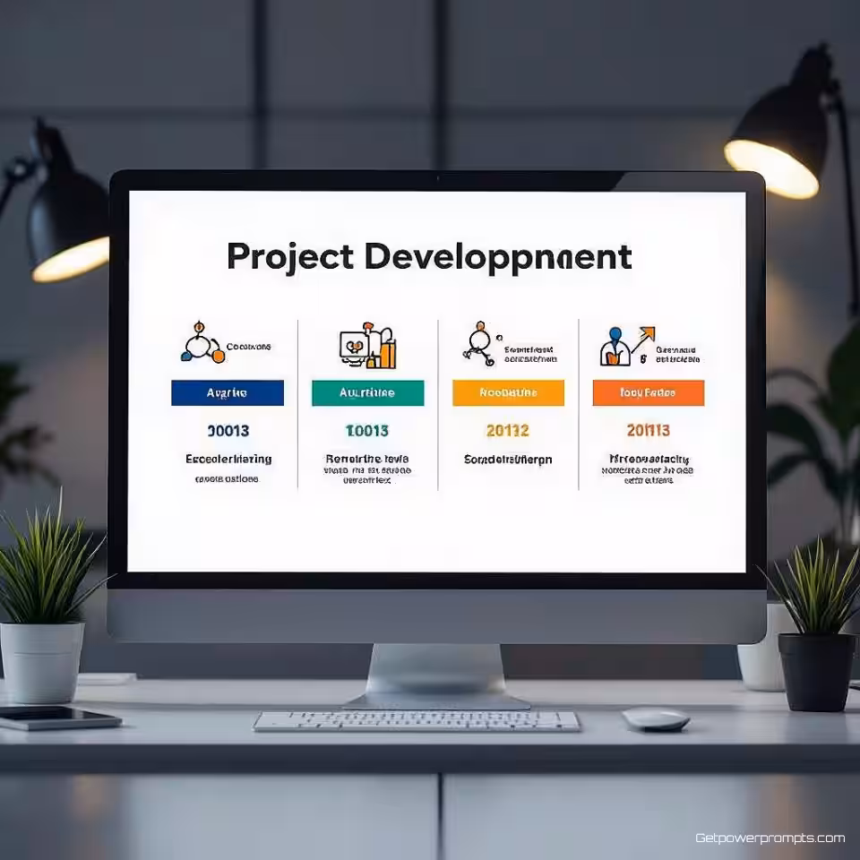 Projectontwikkeling fasen, infographic, professioneel sfeer, tijdlijn infographic, schone witte achtergrond, natuurlijk licht verlichting, chronologische voortgangsvisualisatie, mijlpaalmarkeringen, redactionele tijdlijnopmaak, professionele casestudy-narratief