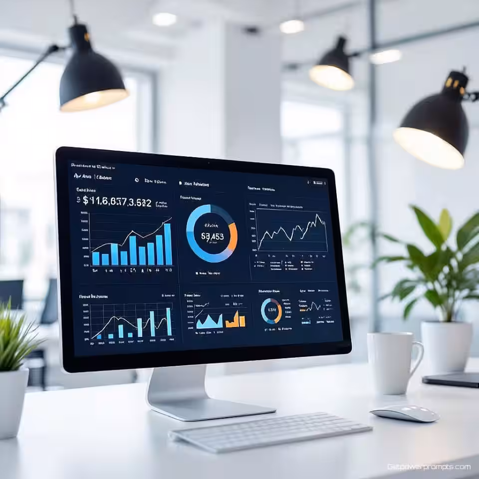 Belangrijke financiële indicatoren, fotorealistisch, professioneel sfeer, financieel dashboardinterface, minimalistisch achtergrond, zacht verlichting, weergave van inkomstenmetrieken, winstmargegrafieken, professionele financiële analyse, redactionele prestatieverslaggeving, visueel datadashboard, belangrijke financiële indicatoren