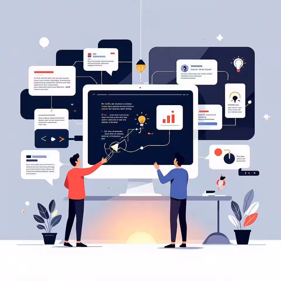 Softwareontwikkelingsproces, minimalistische illustratie, inspirerend sfeer, innovatietraject mapping, gradiënt achtergrond achtergrond, zacht licht verlichting, idee-evolutie visualisatie, creatief procesverloop, doorbraakmoment illustratie, redactioneel innovatieverhaal, professionele conceptontwikkeling