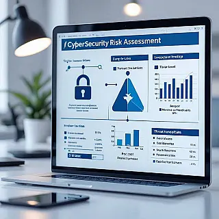 Cybersecurity risicobeoordeling, schone infographic, professioneel sfeer, risicobeoordelingsmatrix visualisatie, schone witte achtergrond achtergrond, zacht diffuus licht verlichting, waarschijnlijkheid-impact raster, dreigingsniveau indicatoren, professionele risicoanalyse, redactionele beveiligingsbeoordeling, visuele risicokartering, kwetsbaarheidsidentificatie