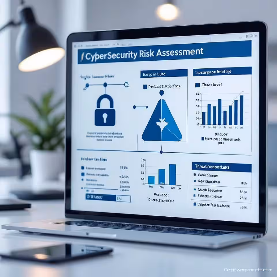 Cybersecurity risicobeoordeling, schone infographic, professioneel sfeer, risicobeoordelingsmatrix visualisatie, schone witte achtergrond achtergrond, zacht diffuus licht verlichting, waarschijnlijkheid-impact raster, dreigingsniveau indicatoren, professionele risicoanalyse, redactionele beveiligingsbeoordeling, visuele risicokartering, kwetsbaarheidsidentificatie