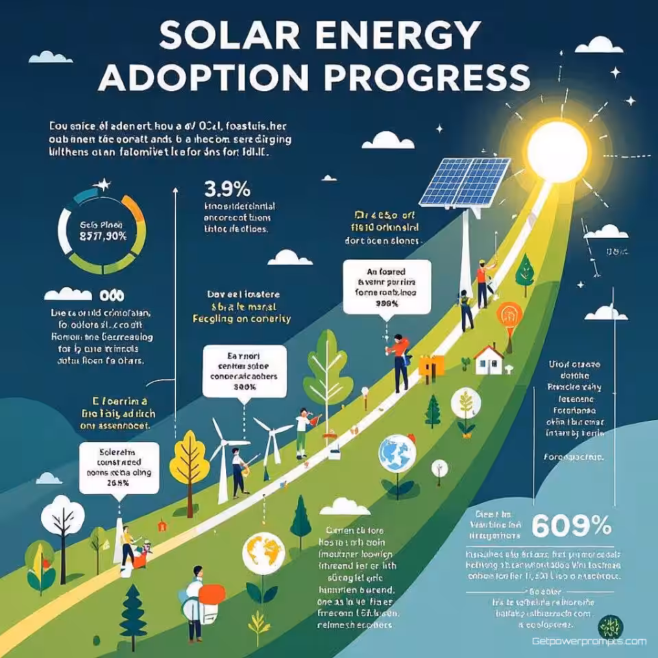 Voortgang van zonne-energieadoptie, infographic illustratie, hoopvol sfeer, visualisatie van milieueffectbeoordeling, minimalistische achtergrond, zacht daglicht verlichting, metrieken voor vermindering van koolstofvoetafdruk, tracking van duurzaamheidsvoortgang, resultaten van groene initiatieven, professionele ESG-rapportage, redactioneel milieustuk, visuele duurzaamheidsreis, illustratie van eco-vriendelijke transformatie