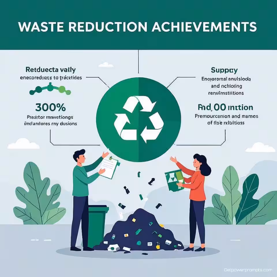 Prestaties in afvalreductie, infographic illustratie, hoopvol sfeer, visualisatie van milieueffectbeoordeling, minimalistische achtergrond, zacht daglicht verlichting, metrieken voor vermindering van koolstofvoetafdruk, tracking van duurzaamheidsvoortgang, resultaten van groene initiatieven, professionele ESG-rapportage, redactioneel milieustuk, visuele duurzaamheidsreis, illustratie van eco-vriendelijke transformatie