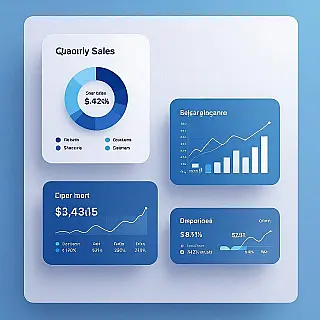 Kwartaal verkoopprestaties, vlak ontwerp, gradiënt achtergrond achtergrond, zacht licht verlichting, zakelijk blauw kleurenschema, modern infographic ontwerp, schone datavisualisatie, professionele presentatiedia, gecentreerde compositie, zakelijke esthetiek, subtiele schaduwen, minimalistische lay-out