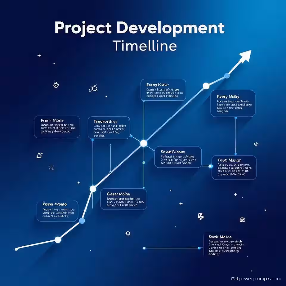 Projectontwikkeling tijdlijn, vlak ontwerp, gradiënt achtergrond achtergrond, zacht licht verlichting, zakelijk blauw kleurenschema, modern infographic ontwerp, schone datavisualisatie, professionele presentatiedia, gecentreerde compositie, zakelijke esthetiek, subtiele schaduwen, minimalistische lay-out