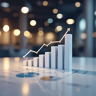 Omzetgroei, staafdiagram visualisatie, vlak ontwerp, schone witte achtergrond, zacht verlichting, bedrijfskleuren, professionele presentatiedia, schoon data-ontwerp, moderne zakelijke esthetiek, gecentreerde compositie, subtiele schaduwen, minimalistische lay-out