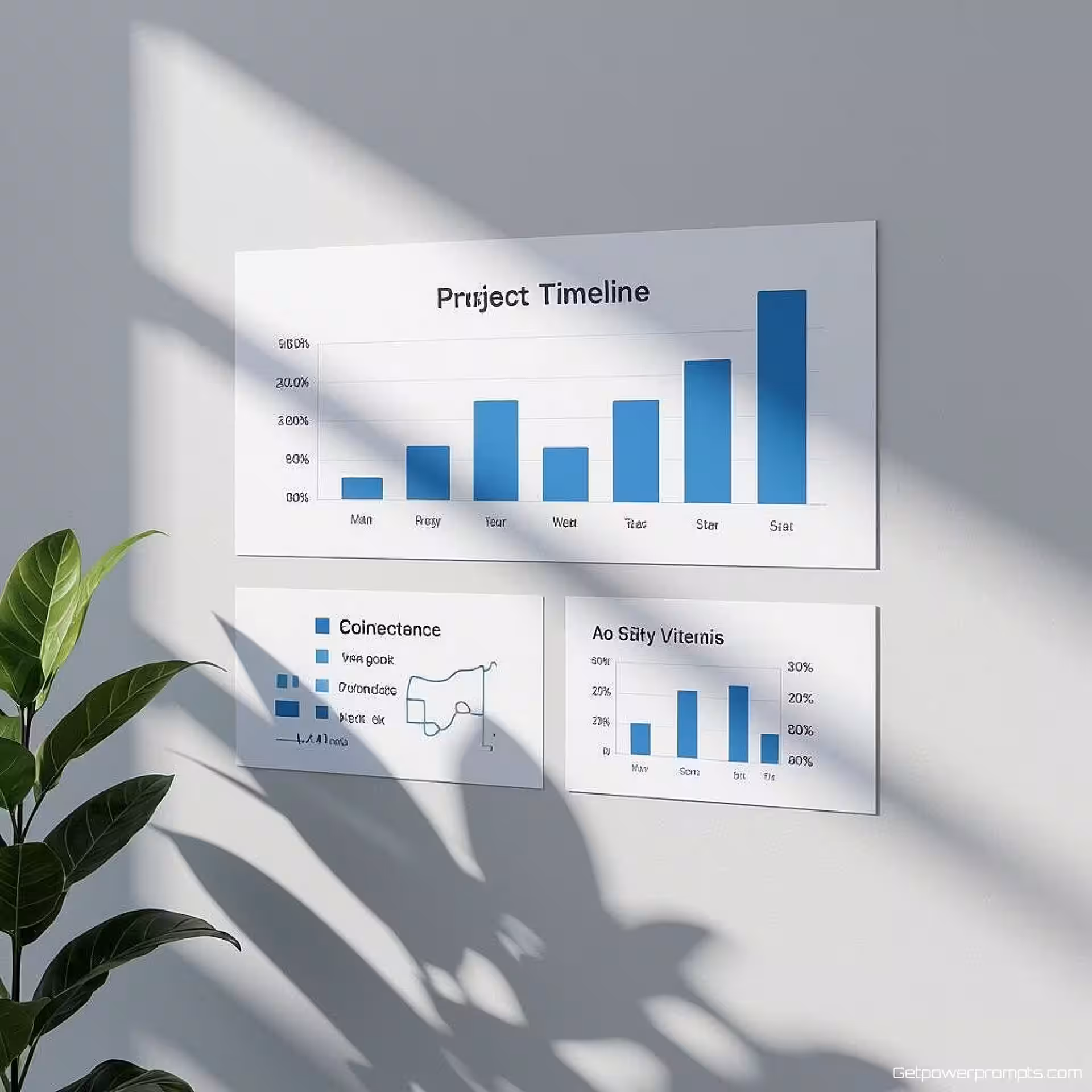 Projecttijdlijn, staafdiagram visualisatie, vlak ontwerp, schone witte achtergrond, zacht verlichting, bedrijfskleuren, professionele presentatiedia, schoon data-ontwerp, moderne zakelijke esthetiek, gecentreerde compositie, subtiele schaduwen, minimalistische lay-out