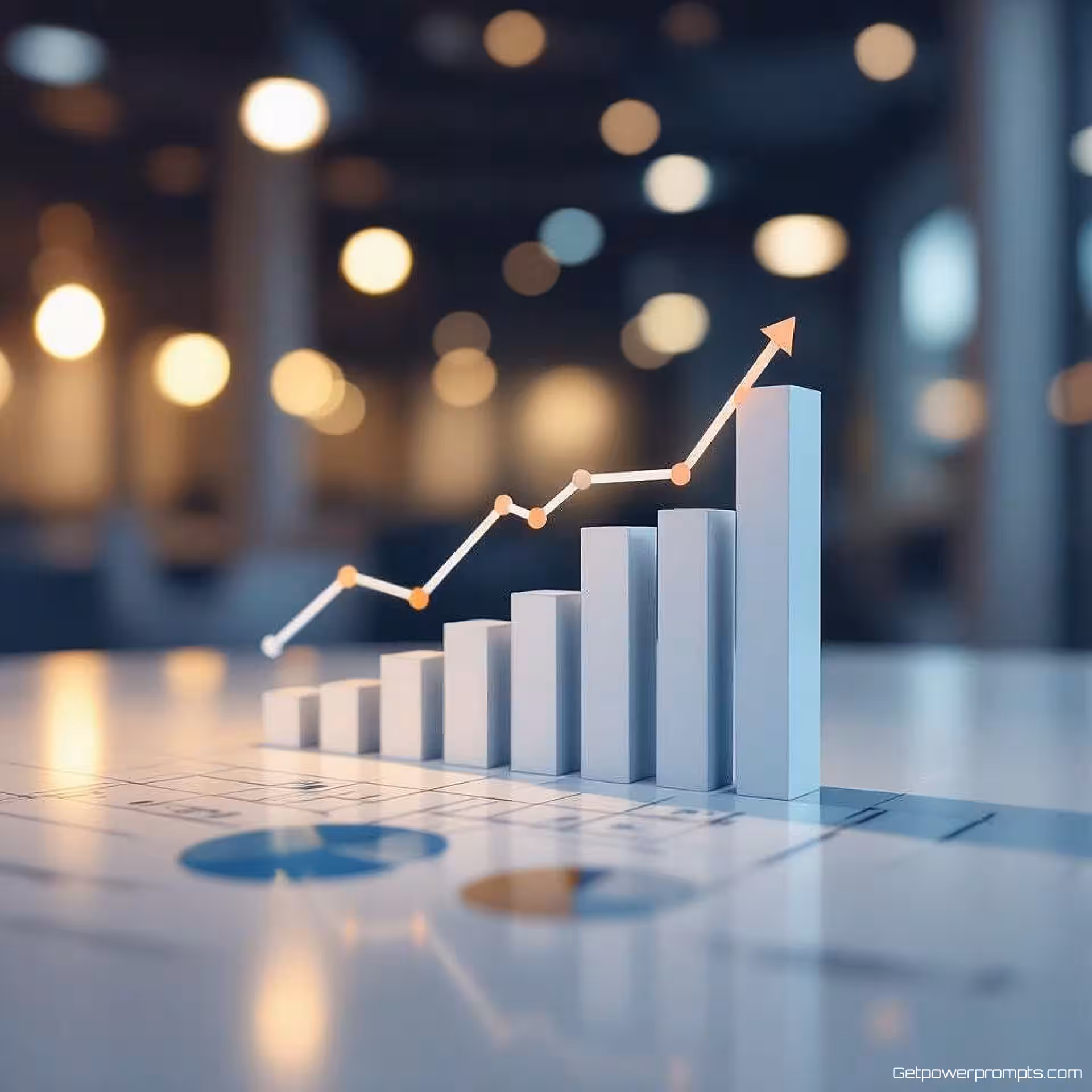 Omzetgroei, staafdiagram visualisatie, vlak ontwerp, schone witte achtergrond, zacht verlichting, bedrijfskleuren, professionele presentatiedia, schoon data-ontwerp, moderne zakelijke esthetiek, gecentreerde compositie, subtiele schaduwen, minimalistische lay-out