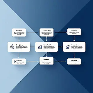 Bedrijfsprocesstroom, flat design, gradiënt achtergrond achtergrond, studiolicht verlichting, koele tonen, vogelperspectief perspectief, professionele presentatiedia, schone diagramvisualisatie, moderne zakelijke esthetiek, geometrische elementen, gecentreerde lay-out, zachte schaduwen, minimalistisch ontwerp