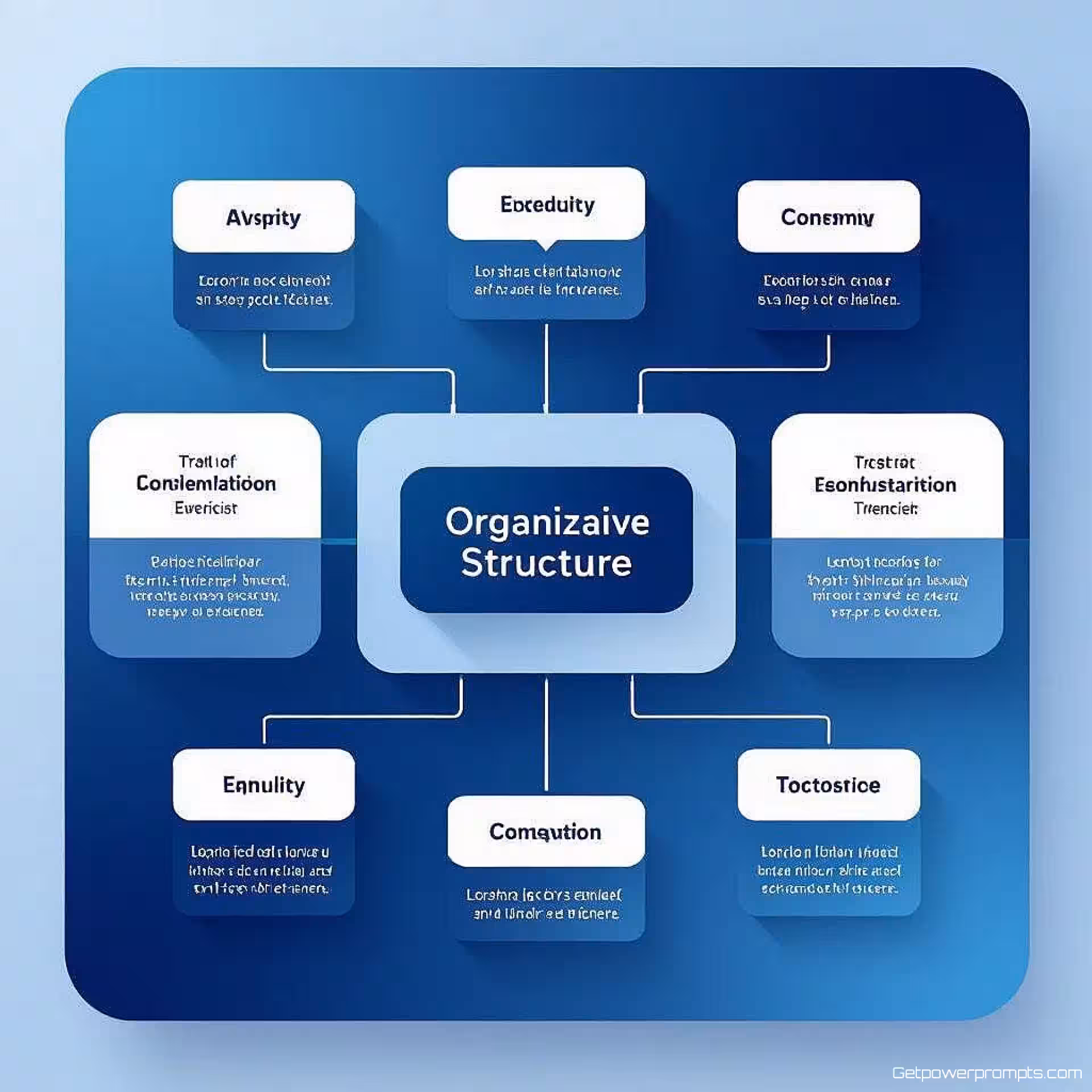 Organisatiestructuur, flat design, gradiënt achtergrond achtergrond, studiolicht verlichting, koele tonen, vogelperspectief perspectief, professionele presentatiedia, schone diagramvisualisatie, moderne zakelijke esthetiek, geometrische elementen, gecentreerde lay-out, zachte schaduwen, minimalistisch ontwerp