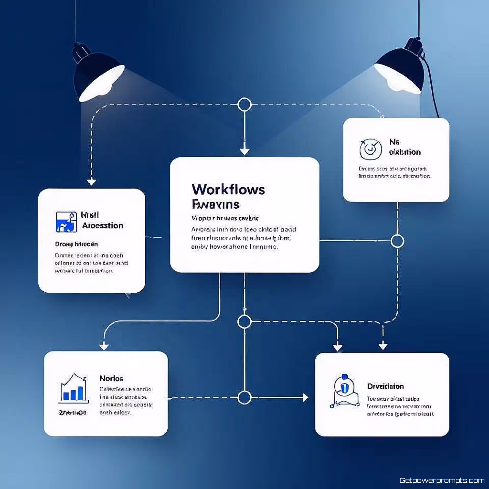 Workflowproces, flat design, gradiënt achtergrond achtergrond, studiolicht verlichting, koele tonen, vogelperspectief perspectief, professionele presentatiedia, schone diagramvisualisatie, moderne zakelijke esthetiek, geometrische elementen, gecentreerde lay-out, zachte schaduwen, minimalistisch ontwerp