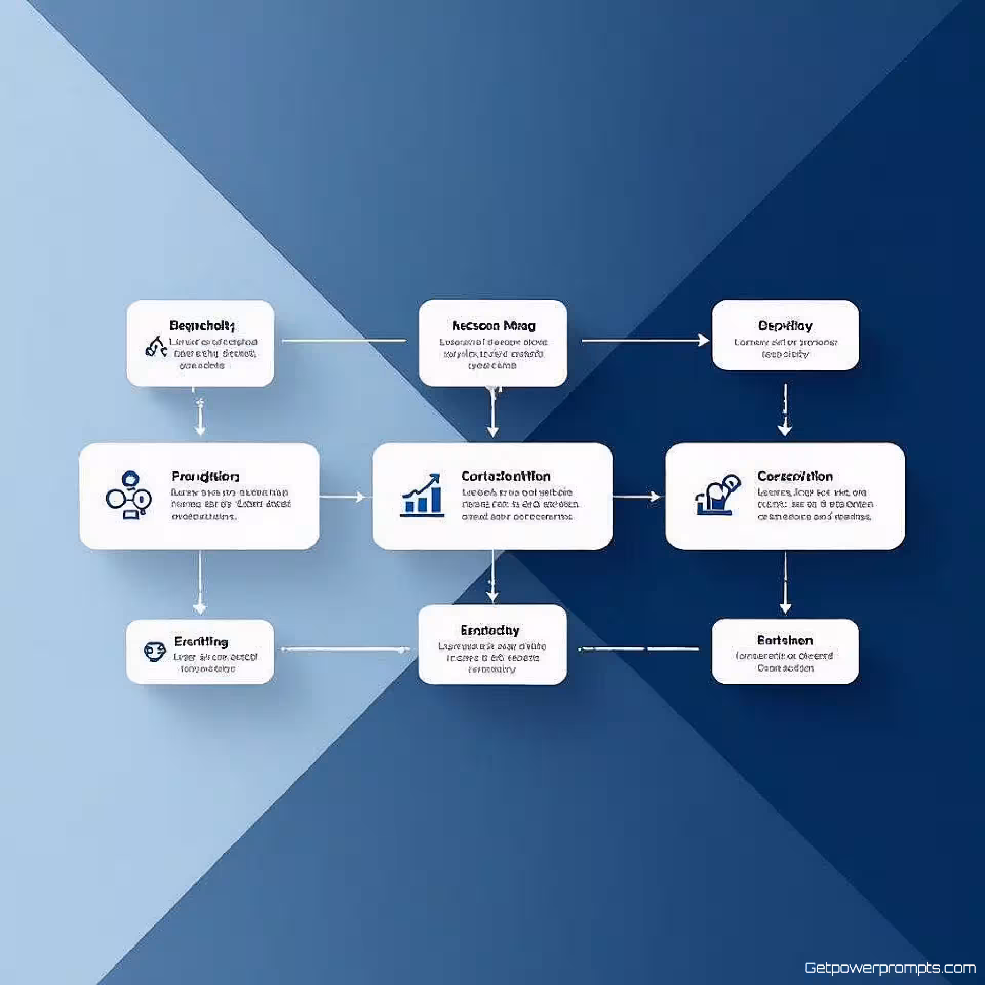 Bedrijfsprocesstroom, flat design, gradiënt achtergrond achtergrond, studiolicht verlichting, koele tonen, vogelperspectief perspectief, professionele presentatiedia, schone diagramvisualisatie, moderne zakelijke esthetiek, geometrische elementen, gecentreerde lay-out, zachte schaduwen, minimalistisch ontwerp
