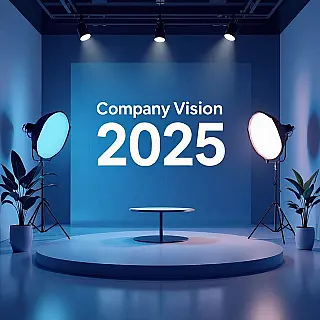 Bedrijfsvisie 2025, minimalistische illustratie, verloop achtergrond achtergrond, studiobelichting verlichting, blauw en wit kleurenschema, presentatiedia hero visueel, gedurfde typografie, moderne zakelijke esthetiek, schone compositie, professionele dia-ontwerp, gecentreerde lay-out, subtiele kleurverlopen, zachte schaduwen