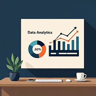Data-analyse, flat design, effen kleur achtergrond, zachte verlichting verlichting, blauwe tinten, presentatiedia iconografie, schone geometrische vormgeving, professioneel dia-element, minimalistische compositie, moderne zakelijke esthetiek, gecentreerde lay-out, subtiele schaduwen