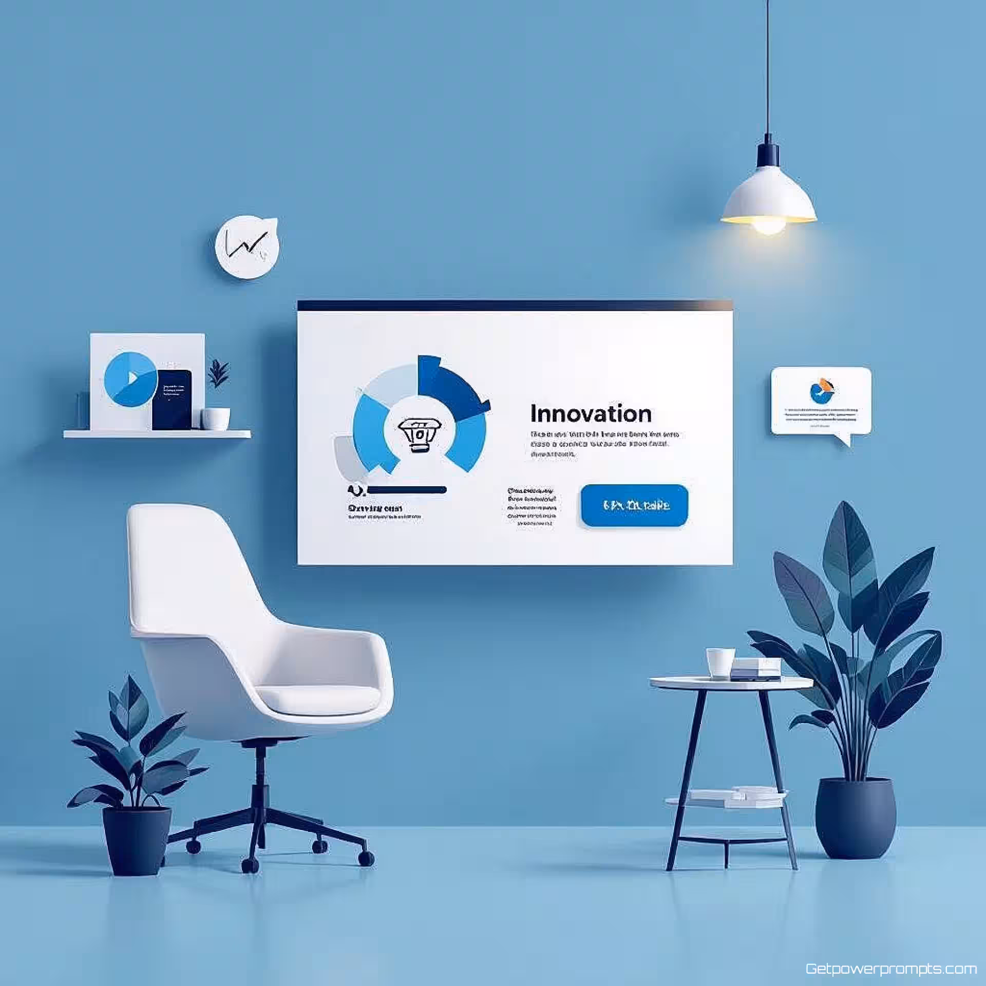 Innovatie, flat design, effen kleur achtergrond, zachte verlichting verlichting, blauwe tinten, presentatiedia iconografie, schone geometrische vormgeving, professioneel dia-element, minimalistische compositie, moderne zakelijke esthetiek, gecentreerde lay-out, subtiele schaduwen