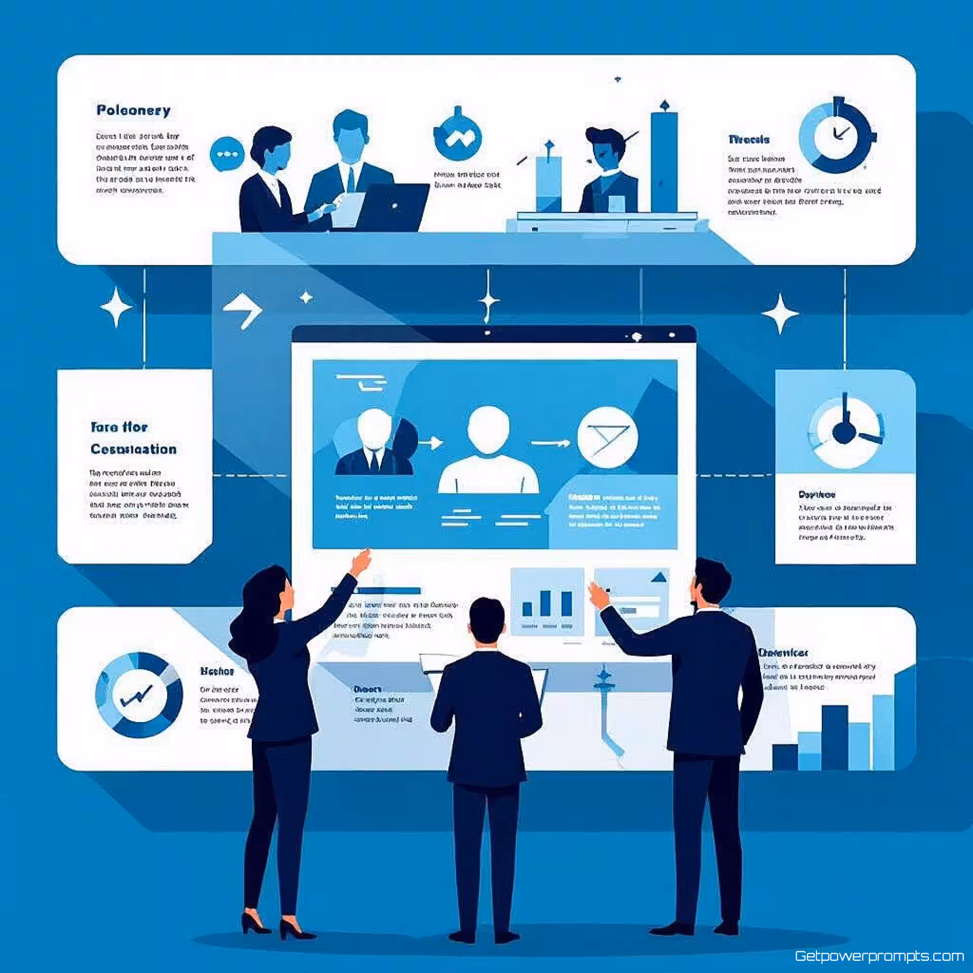 Teamwork, flat design, effen kleur achtergrond, zachte verlichting verlichting, blauwe tinten, presentatiedia iconografie, schone geometrische vormgeving, professioneel dia-element, minimalistische compositie, moderne zakelijke esthetiek, gecentreerde lay-out, subtiele schaduwen