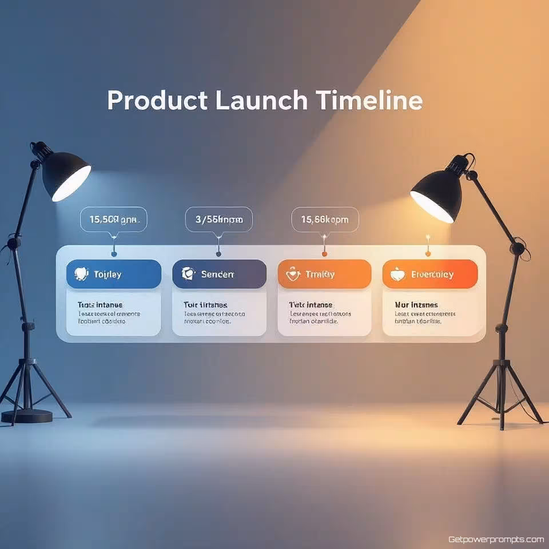 Productlancering tijdlijn, flat design, gradiënt achtergrond achtergrond, studiolicht verlichting, koele tonen, tijdlijnvisualisatie, moderne presentatiedia, horizontale compositie, professionele corporate esthetiek, schone geometrische elementen, subtiele voortgangsindicatoren, gecentreerde lay-out, zachte schaduwen