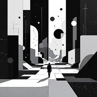 Digitale transformatie, minimalistisch, doordacht sfeer, abstracte redactionele illustratie, gecentreerd perspectief, geometrische elementen, monochroom, conceptueel ontwerp, moderne artistieke interpretatie, professionele publicatiekwaliteit, schone lijnen, visuele abstractie