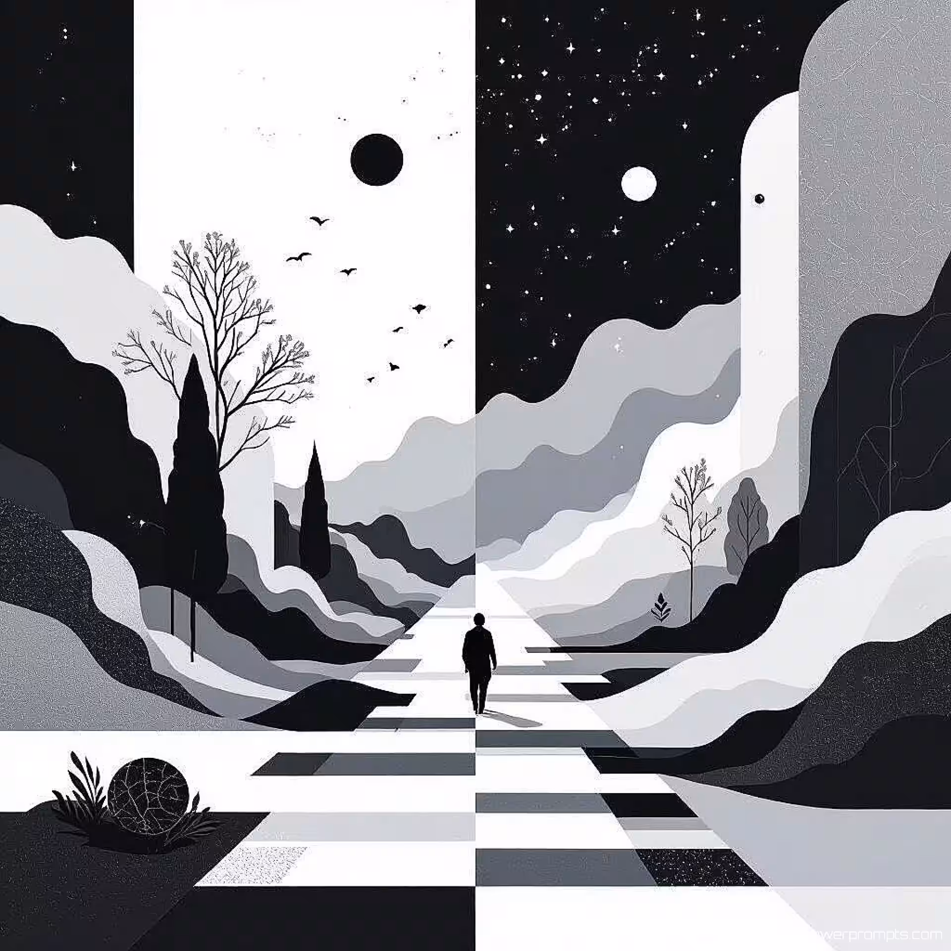 Duurzame toekomst, minimalistisch, doordacht sfeer, abstracte redactionele illustratie, gecentreerd perspectief, geometrische elementen, monochroom, conceptueel ontwerp, moderne artistieke interpretatie, professionele publicatiekwaliteit, schone lijnen, visuele abstractie