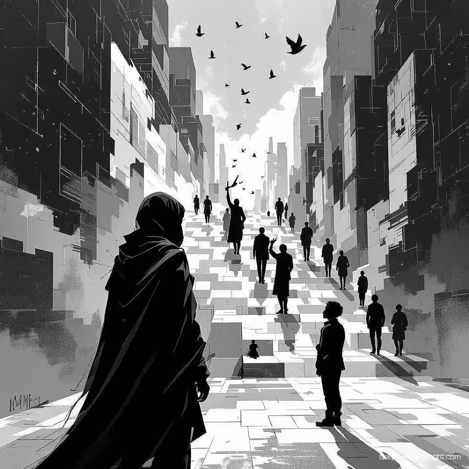 Sociale rechtvaardigheid, digitale schilderkunst, bedachtzaam sfeer, conceptuele redactionele illustratie, dynamische hoek perspectief, symbolische elementen, aards en neutraal, tot nadenken stemmend verhaal, artistieke interpretatie, visuele metafoor, professionele publicatiekwaliteit