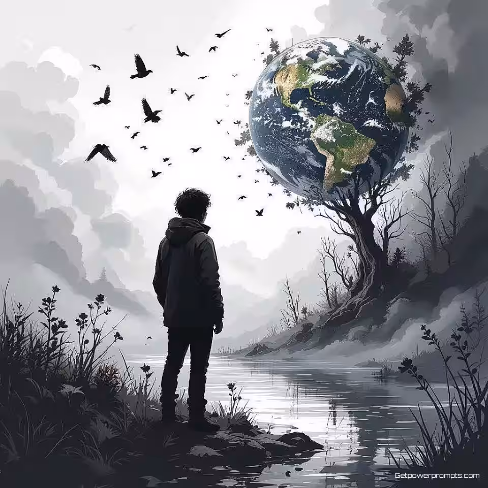 Milieubewustzijn, digitale schilderkunst, bedachtzaam sfeer, conceptuele redactionele illustratie, dynamische hoek perspectief, symbolische elementen, aards en neutraal, tot nadenken stemmend verhaal, artistieke interpretatie, visuele metafoor, professionele publicatiekwaliteit