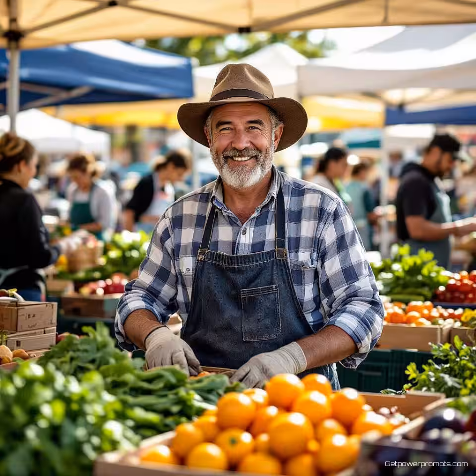 Drukke boerenmarktverkoper, documentaire fotografie, omgevingsportret perspectief, natuurlijk daglicht belichting, authentiek moment sfeer, fotojournalistieke stijl, authentiek moment, omgevingsverhaal, natuurlijke kleurcorrectie, contextuele achtergrond, professionele redactionele kwaliteit, spontaan realisme