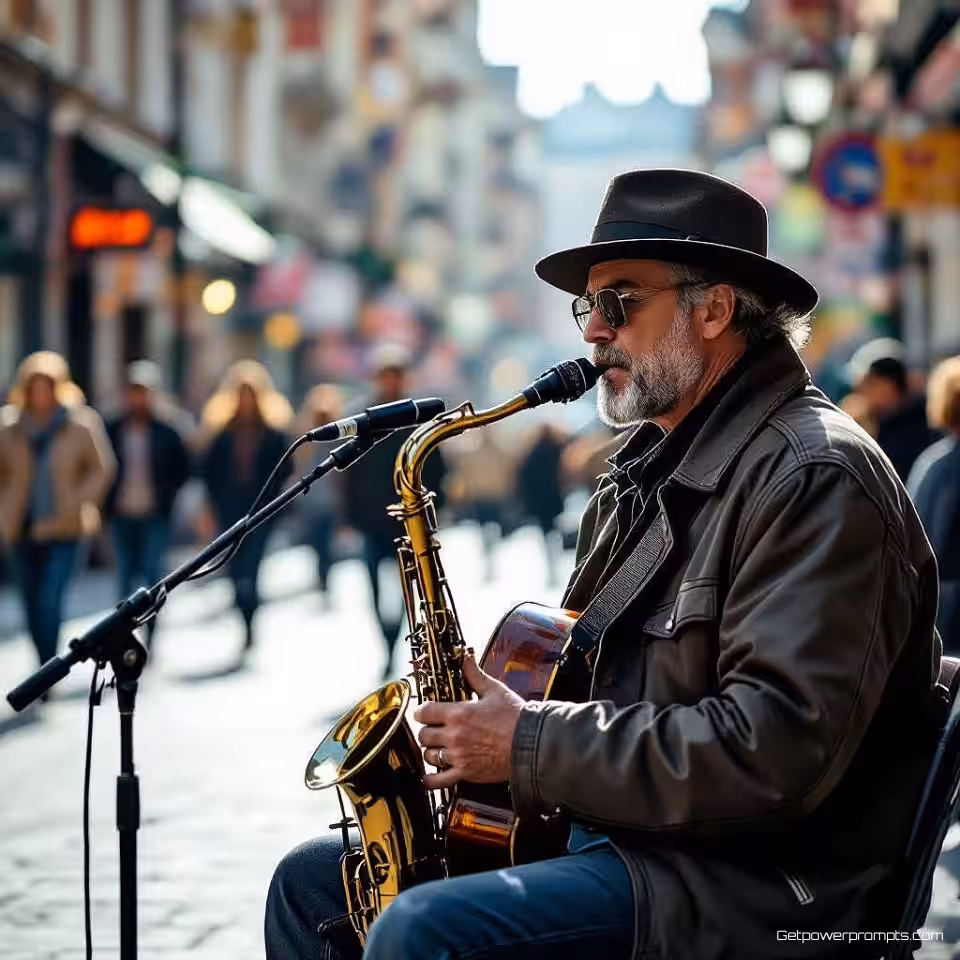 Straatmuzikant die optreedt, documentaire fotografie, omgevingsportret perspectief, natuurlijk daglicht belichting, authentiek moment sfeer, fotojournalistieke stijl, authentiek moment, omgevingsverhaal, natuurlijke kleurcorrectie, contextuele achtergrond, professionele redactionele kwaliteit, spontaan realisme