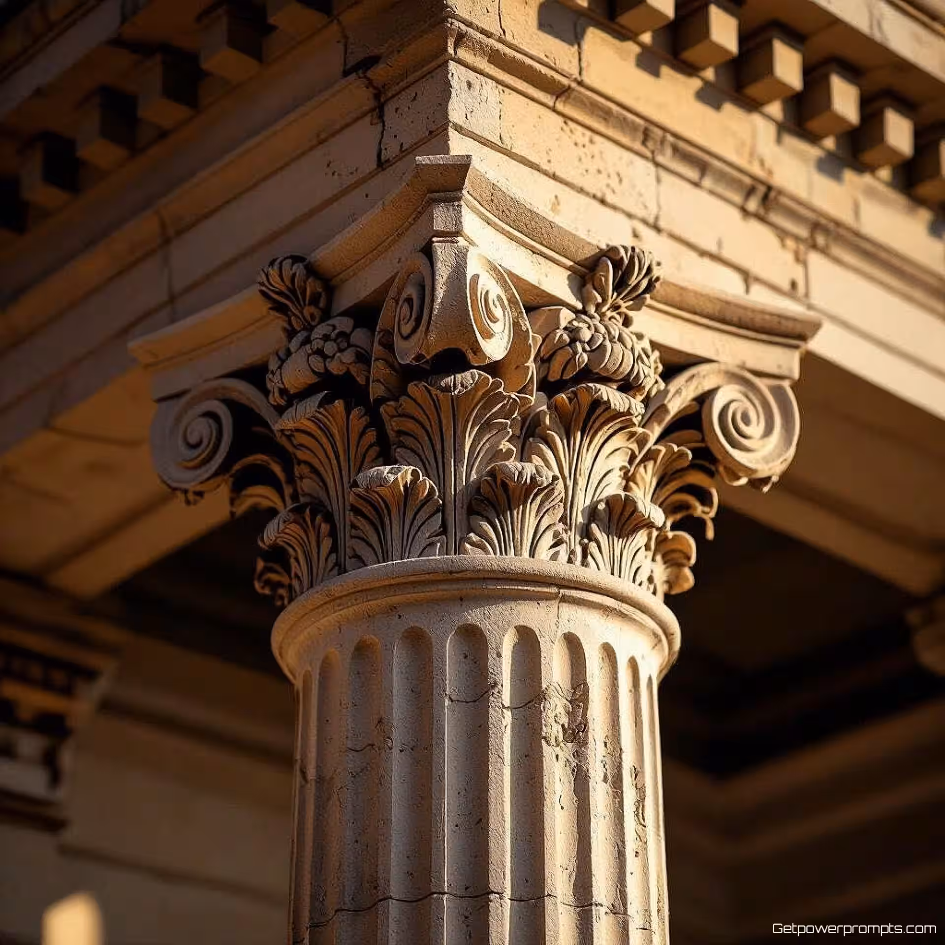 Klassiek zuilkapiteel, architectuur detail fotografie, fotorealistisch, dramatische zijbelichting belichting, close-up compositie perspectief, dramatische sfeer atmosfeer, aards kleurenpalet, professionele architectuur fotografie, gedetailleerde texturen, structurele elementen, artistieke compositie, gebouwkenmerken, precieze kadrering, materiaaloppervlakken
