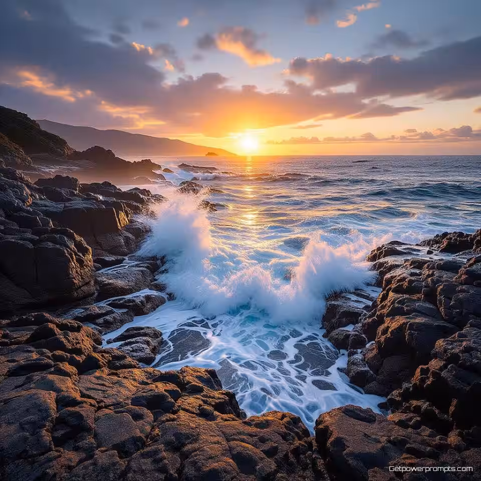 Rotsachtige kustlijn met brekende golven, kustlandschapsfotografie, fotorealistisch, gouden uur verlichting, breed hoek perspectief, dramatisch atmosfeer, natuurlijke kleuren, oceaangolven, kustelementen, professionele natuurfotografie, dramatisch zeegezicht, natuurlijke texturen, atmosferische omstandigheden