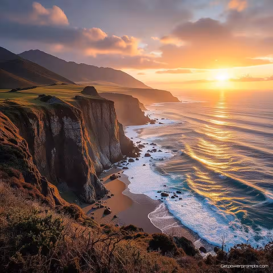 Dramatische kustkliffen met uitzicht op oceaan, kustlandschapsfotografie, fotorealistisch, gouden uur verlichting, breed hoek perspectief, dramatisch atmosfeer, natuurlijke kleuren, oceaangolven, kustelementen, professionele natuurfotografie, dramatisch zeegezicht, natuurlijke texturen, atmosferische omstandigheden
