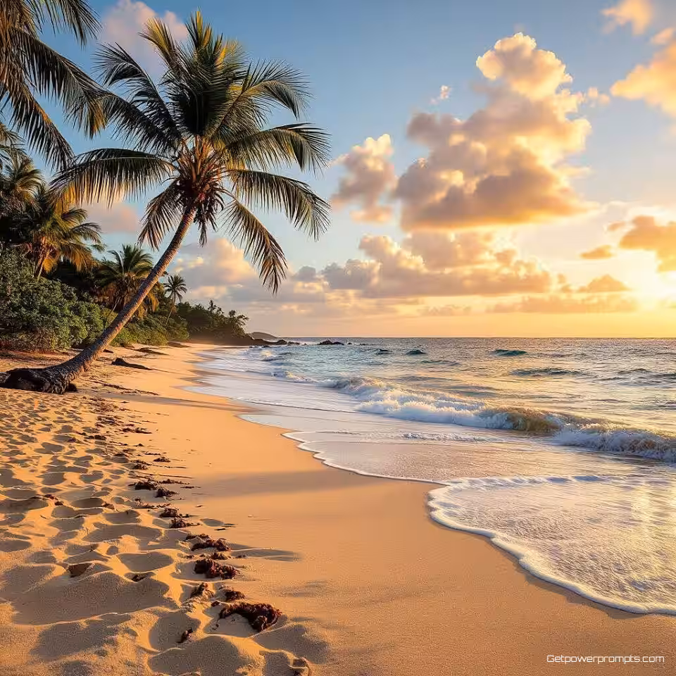 Zandstrand met palmbomen, kustlandschapsfotografie, fotorealistisch, gouden uur verlichting, breed hoek perspectief, dramatisch atmosfeer, natuurlijke kleuren, oceaangolven, kustelementen, professionele natuurfotografie, dramatisch zeegezicht, natuurlijke texturen, atmosferische omstandigheden