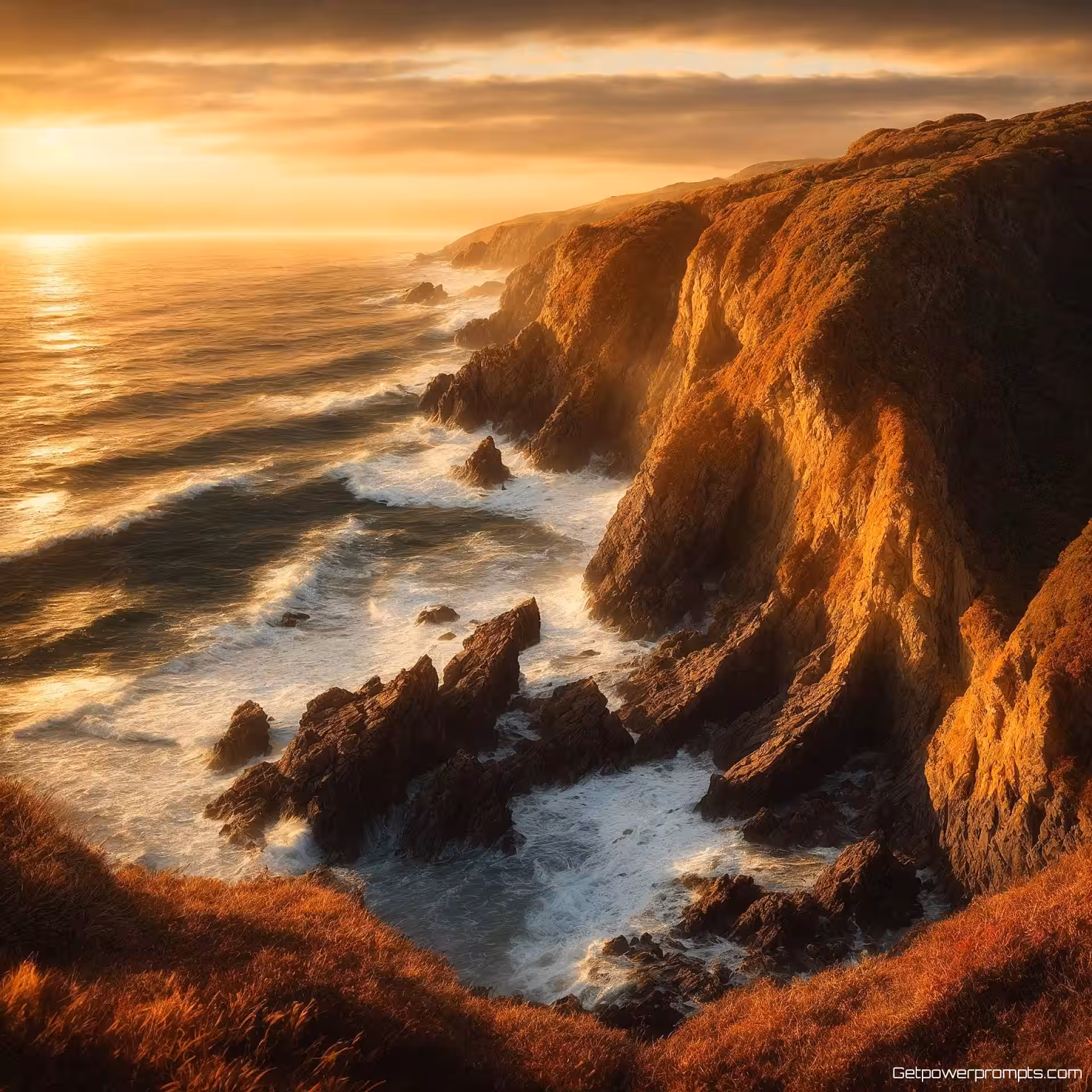 Rotsachtige kustkliffen met oceaangolven, dramatische landschapsfotografie, gouden uur belichting belichting, panoramische compositie perspectief, epische en grootschalige sfeer atmosfeer, levendige herfstkleuren palet, fotorealistisch, professionele natuurfotografie, cinematografische kwaliteit, gedetailleerde voorgrond elementen, atmosferisch perspectief
